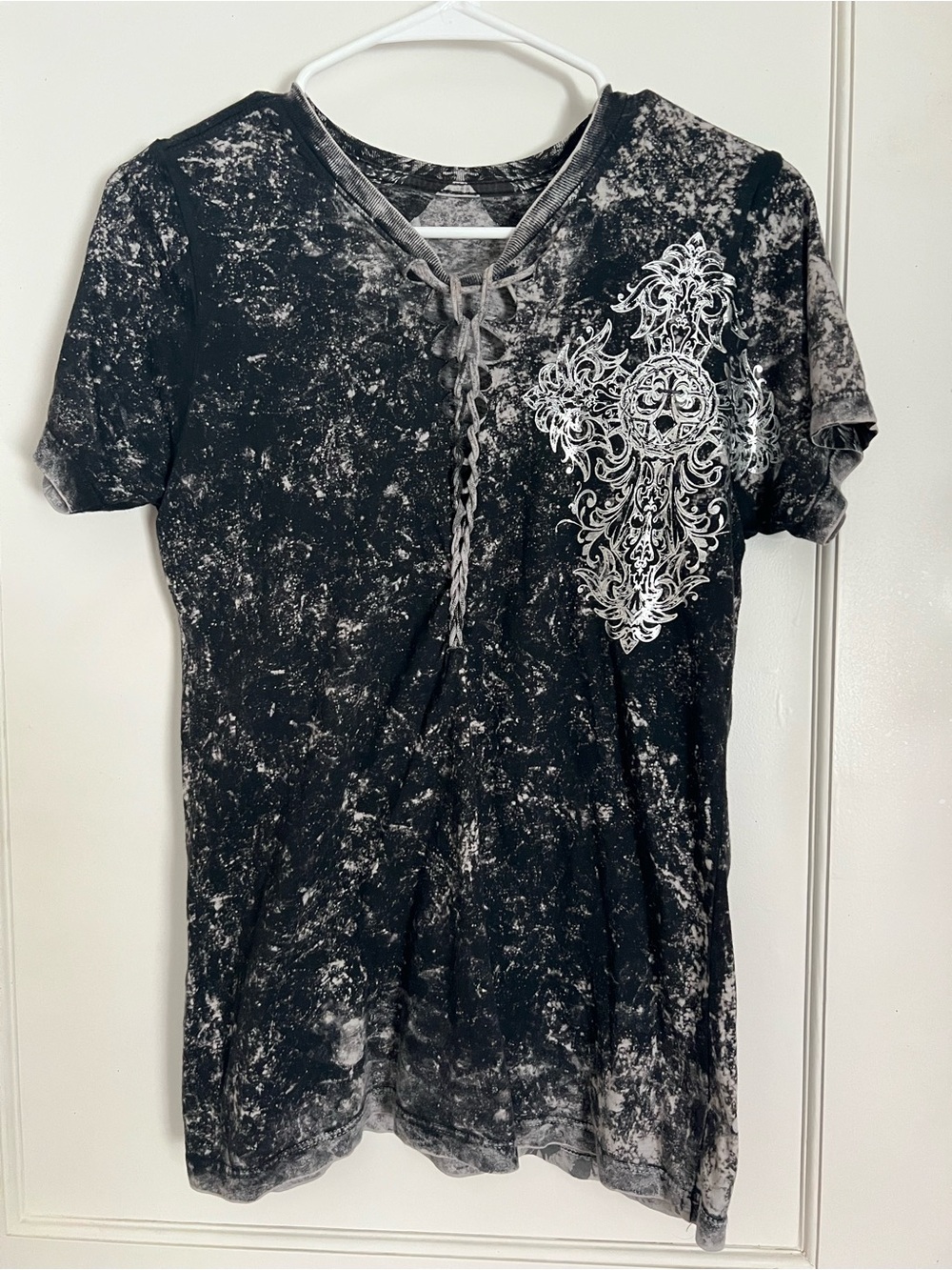 Black Marble Lace-Up Tee with White Cross Graphic